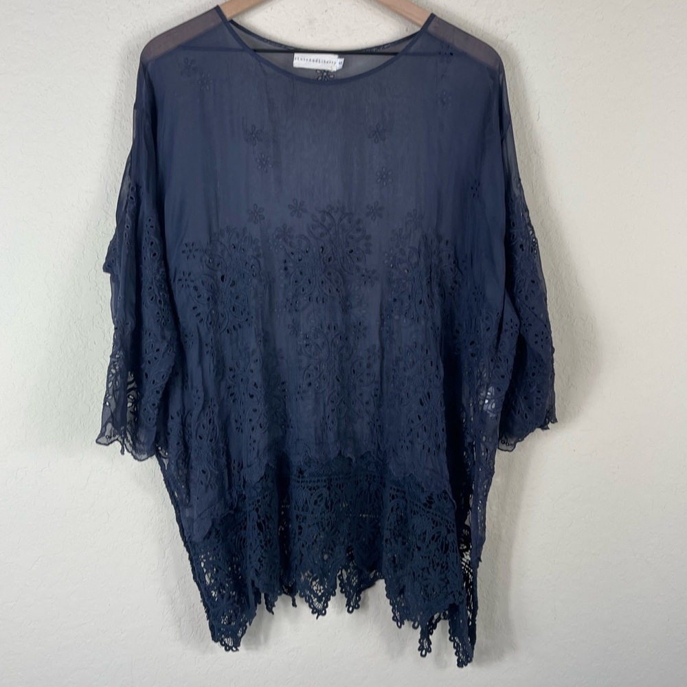 Johnny Was 4 Love and Liberty Silk Lace Eyelet Ruffle Top in Grey Size Small - Picture 2 of 8